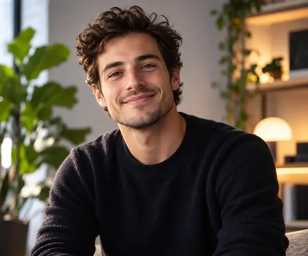 Un joven fundador sonriente en un retrato de estudio con iluminación suave.