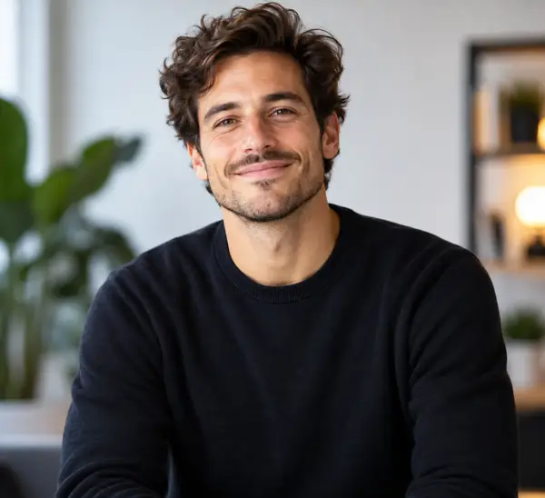 Un fundador seguro de sí mismo sonriente en un retrato profesional de estudio con un estilo limpio.