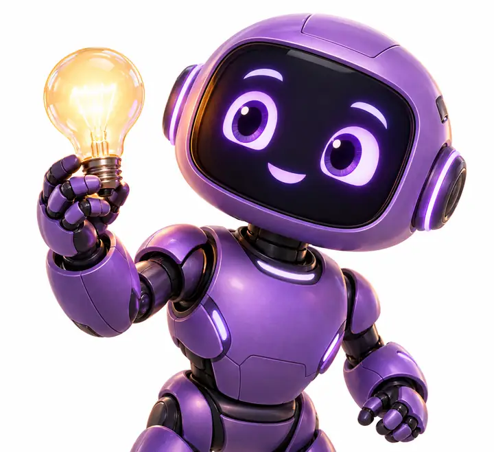 Un simpático robot morado de Trysoro sosteniendo una bombilla luminosa sobre un fondo blanco y limpio.